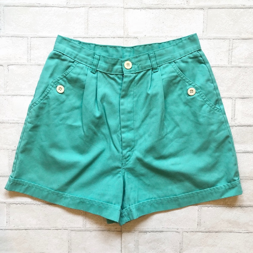 Vintage 80s Pantempos Teal Cotton Shorts High Waisted Pleated Mom Shorts
